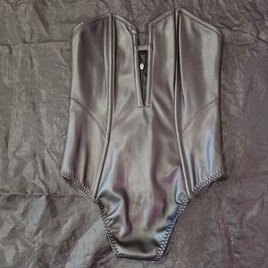 Victoria'a Secret Black Faux Leather Bodysuit w Lace Back, Size Small NWT